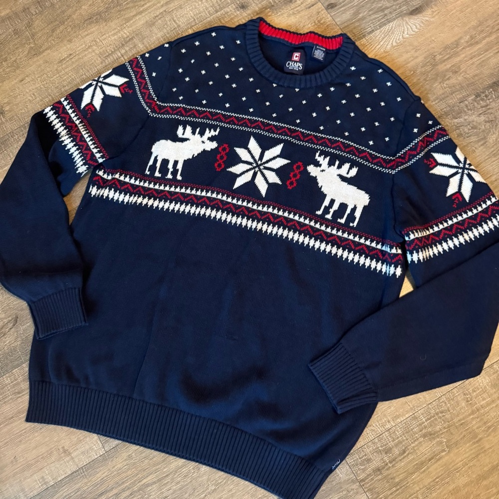 Chaps Festive Navy Blue Knit Crewneck Sweater XL